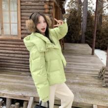 浅绿色小清新防风连帽短款羽绒服女冬季韩系加厚白鸭绒保暖面包服