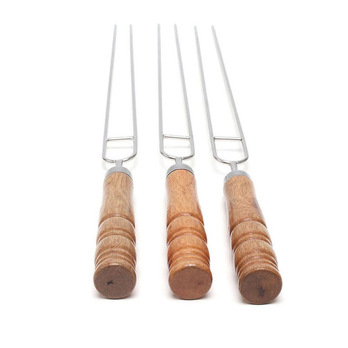 BBQ barbecue skewer wooden handle stainless steel barbecue fork double needle U-shaped skewers 201 stainless steel outdoor barbecue tools