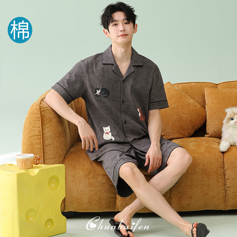 纯棉睡衣男款夏季2026年新款休闲卡通猫咪开衫短袖短裤家居服套装