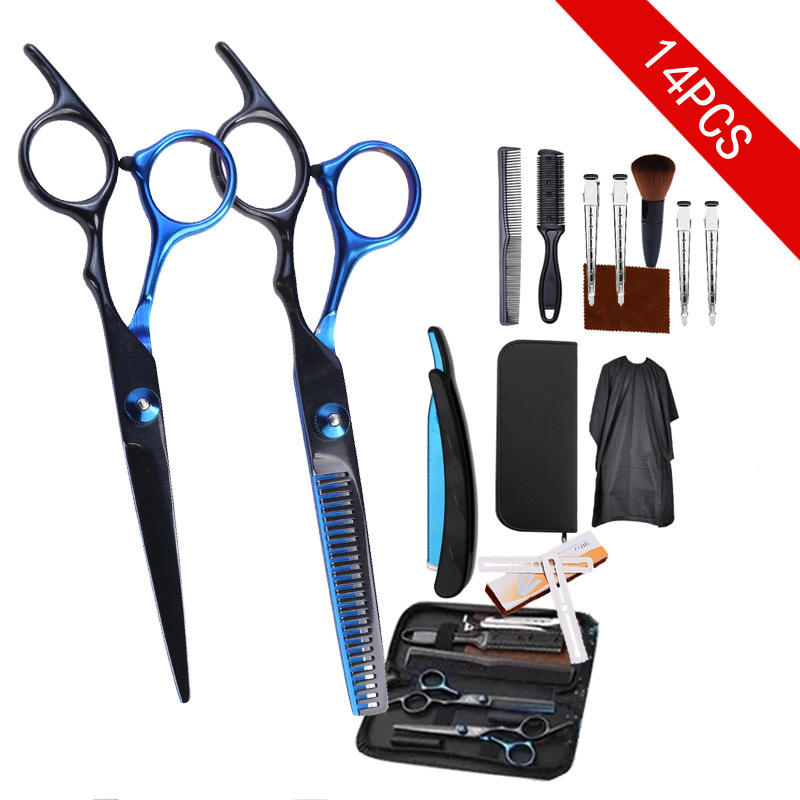 Venta al por mayor tijeras de pelo de oro Negro Azul/Negro tijeras de dientes planos de acero inoxidable de 6 pulgadas tijeras de peluquería traje (juego de 14 piezas)