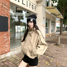 实拍韩版双排扣卡其色立领长袖风衣外套女秋季高级感宽松休闲上衣