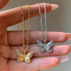 925纯银拉丝蝴蝶项链轻奢高级感ins法式中古风锁骨链18K金色吊坠