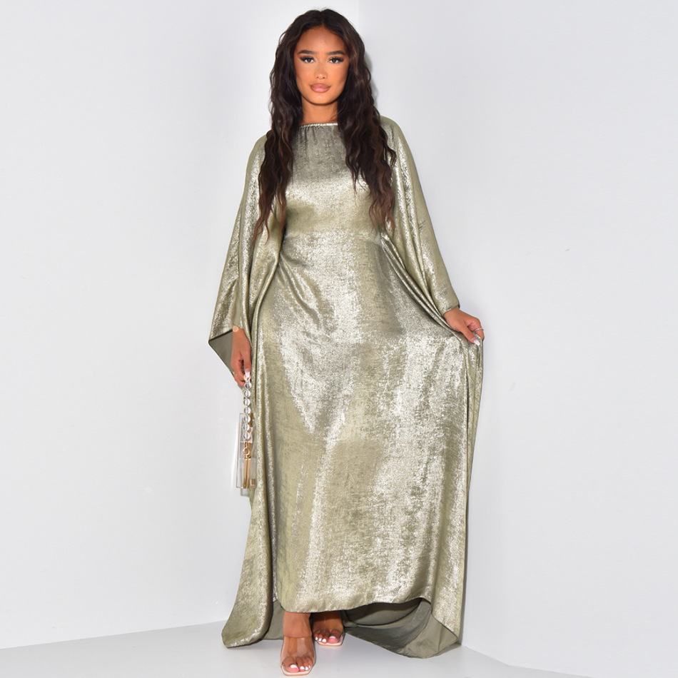 Damenbekleidung moderne muslimische Mode silbernes heißes weiches Abaya-Kleid_voghion.com