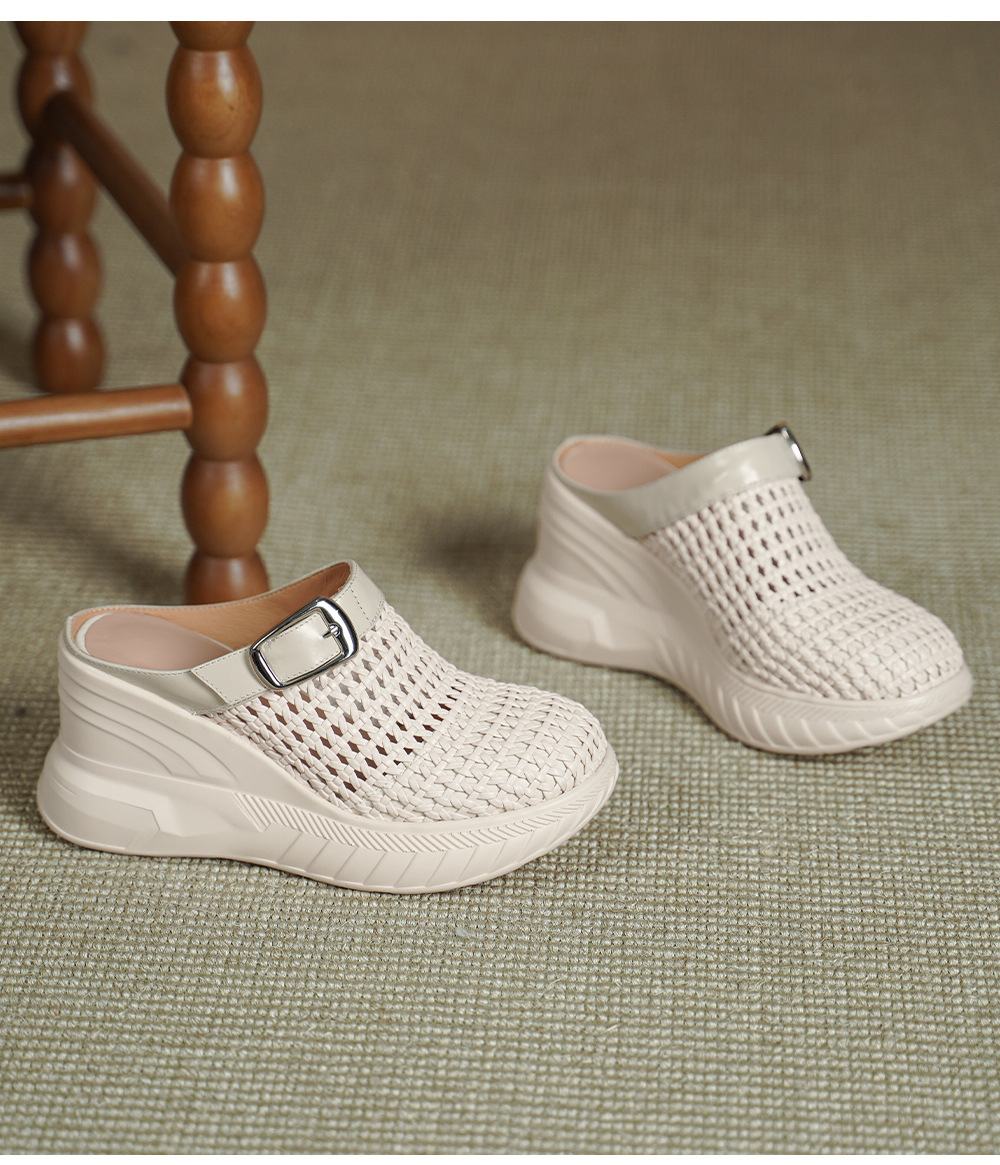 Sandal cao gót nữ mũi hở đế xuồng 8.5cm da thật kiểu La Mã đan lưới — màu đen, màu mơ chi tiết 14