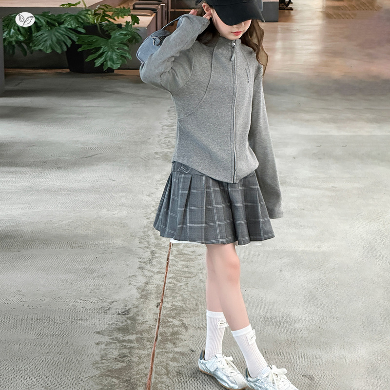 女童套装2025年秋季新款中大童卫衣开衫假两件格子百褶裙两件套潮|undefined