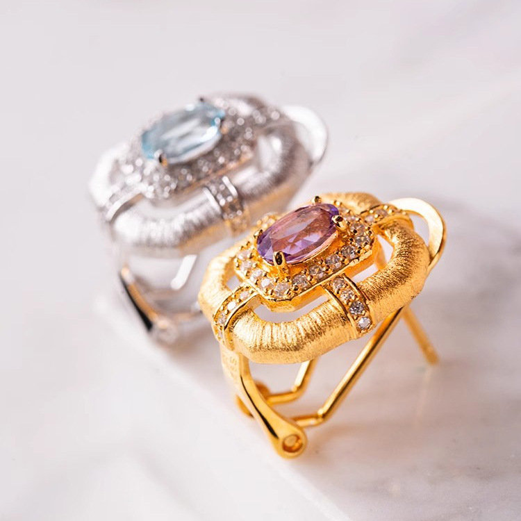 Jewelry & Accessories retro brushed craft real gold electroplating luxury diamond purple diamond earrings aquamarine earrings for women_voghion.com