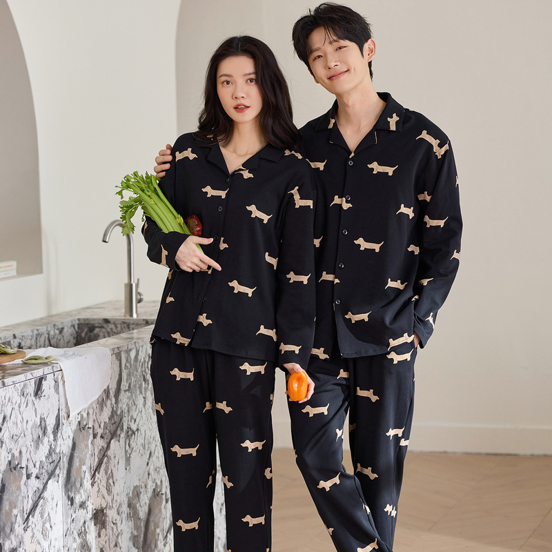韩式翻领开衫纯棉情侣睡衣秋季长袖长裤时尚休闲青年家居服可外穿|undefined
