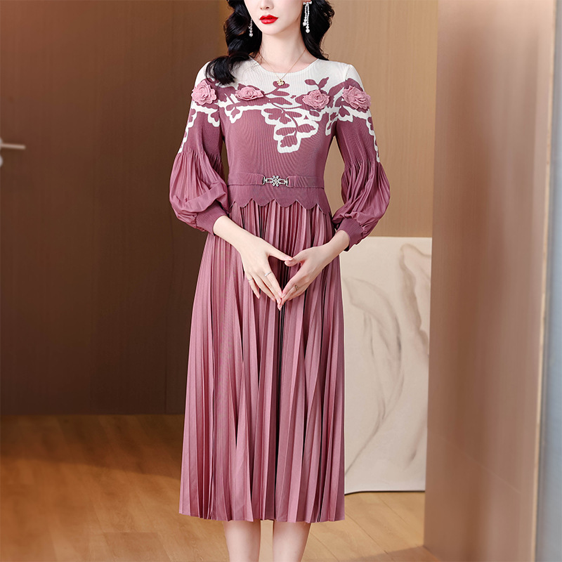 European Style Autumn Fashion Pleated Round-Neck Patchwork Slim-Fit Slimming Dress Mid-Length Pleated Skirt_ecoleips.com