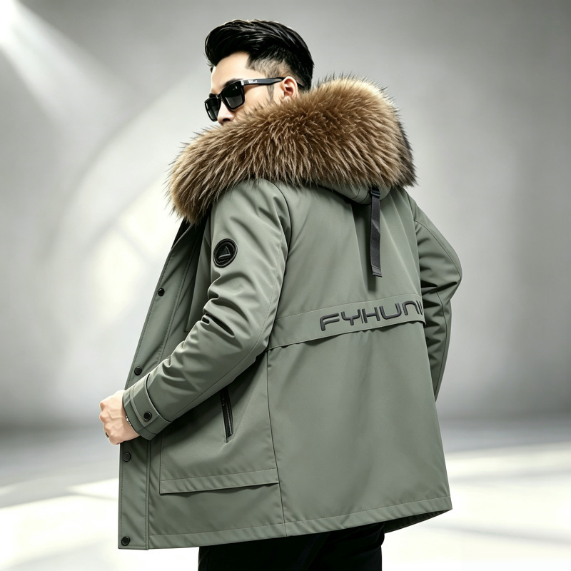 Men's wool fur parka, mid-length, with detachable fox fur collar, thickened and warm winter coat