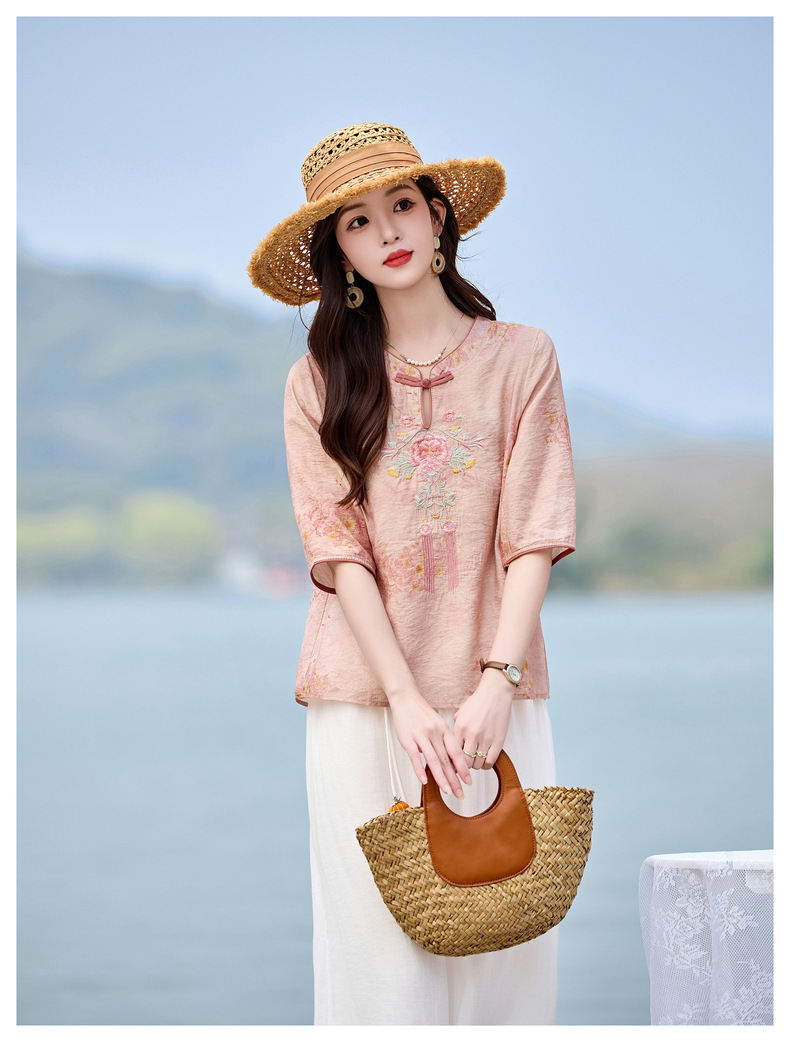 Bộ quần áo nữ hai mảnh sơ mi thêu họa tiết quốc phong kết hợp quần ống đứng MM6617 — xanh lam, Màu hồng chi tiết 13