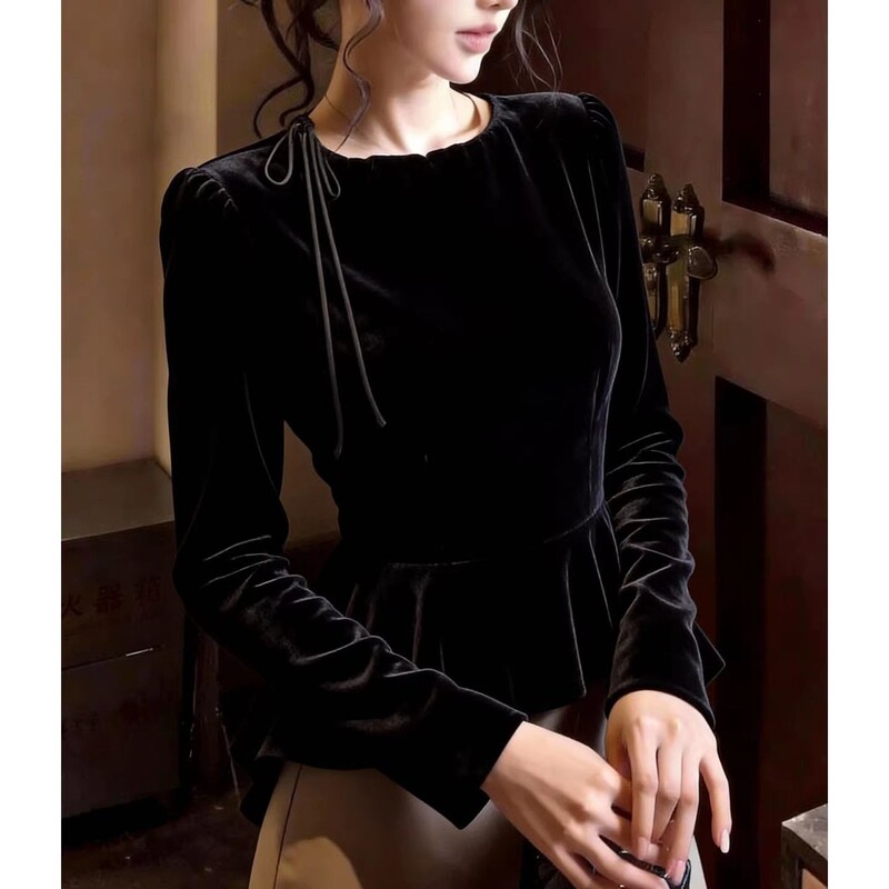 Dropshipping Spring New Velvet Long-Sleeve T-Shirt for Women, Elegant Slim-Fit Round Neck High-End Base Shirt for Women