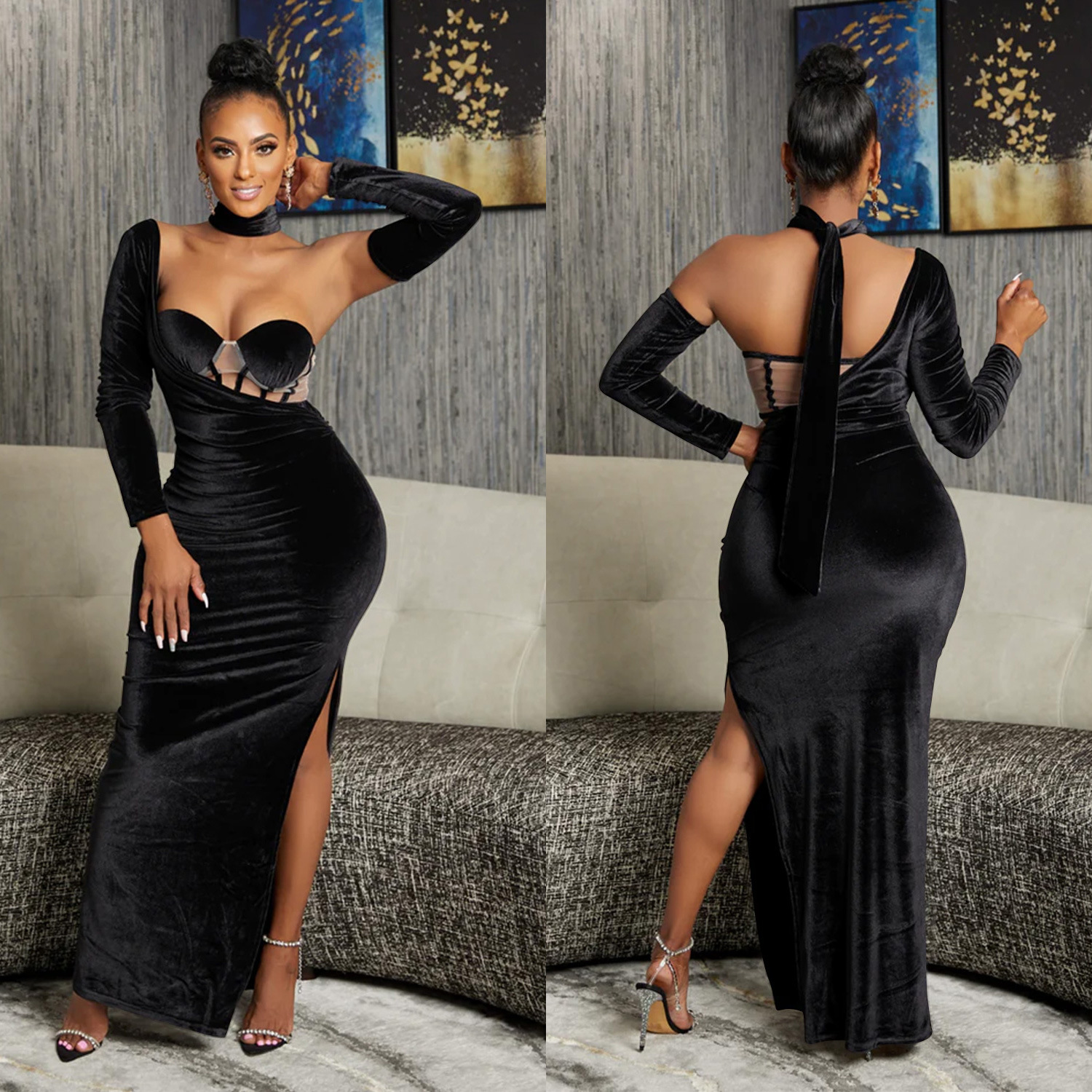 X6652 transfronteriza AliExpress Amazon moda europea y americana de las mujeres de color sólido tubo superior guantes vestido largo vestido image 3
