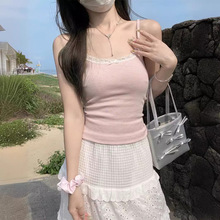 美式2024夏季韩版bm纯欲蕾丝拼接粉色条纹吊带T恤女装潮背心上衣
