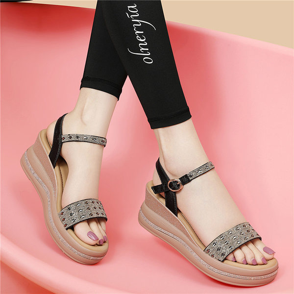 Giày sandal cao gót nữ hở mũi đính đá đế dày tăng chiều cao — 6120 Da đen, 6120 Vàng
