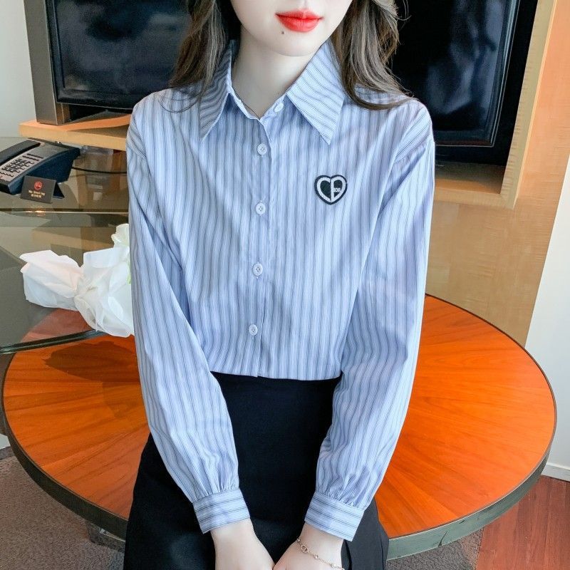 Autumn 2026 New Women's Embroidered Cotton Shirt, Stylish All-Cotton Fashion Age-Reducing Striped Long-Sleeve Shirt