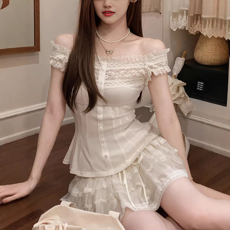 Beautiful Tencel Wool Lace Patchwork One-Shoulder Waist-Cinching Top for Women
