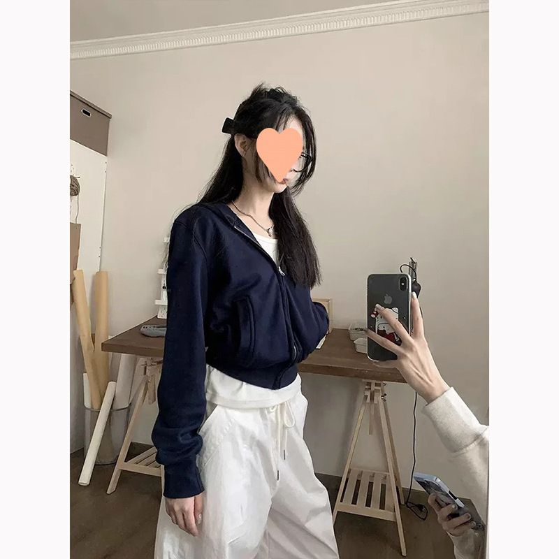 即墨卫衣灰色短款外套女2025春秋新款女装修身连帽上衣收腰开衫|undefined