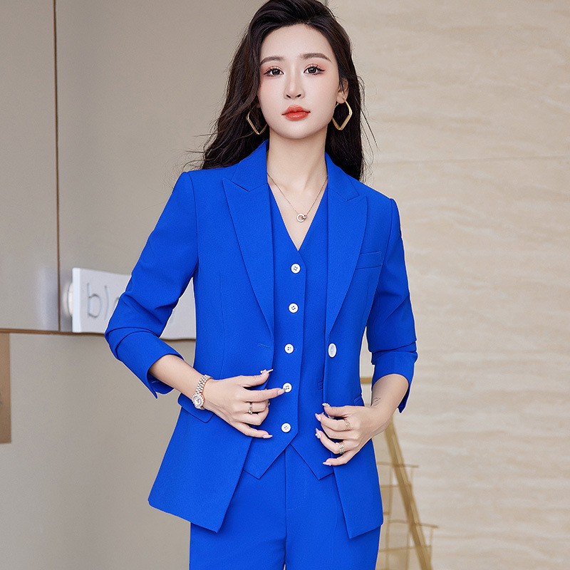 Star with sapphire blue small fragrant style suit jacket Europe and the United States high-end slim professional three-piece suit small suit women Star with sapphire blue small fragrant style suit jacket Europe and the United States high-end slim professional three-piece suit small suit women
