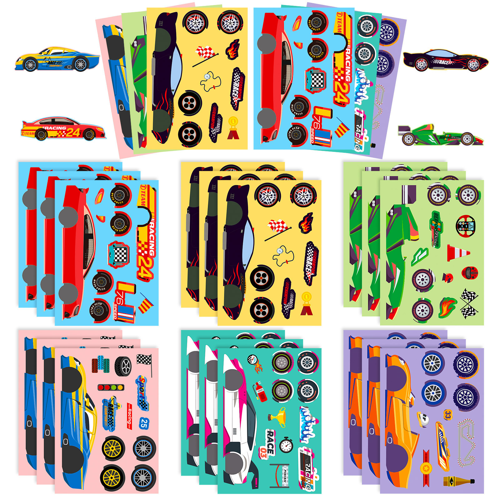 6张/包个性自主DIY赛车配件拼图贴跨境新品儿童创意拼图贴纸