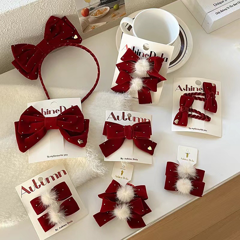韓系兒童紅色質感絲絨布藝蝴蝶結髮夾女孩毛絨球發圈發箍女童髮飾