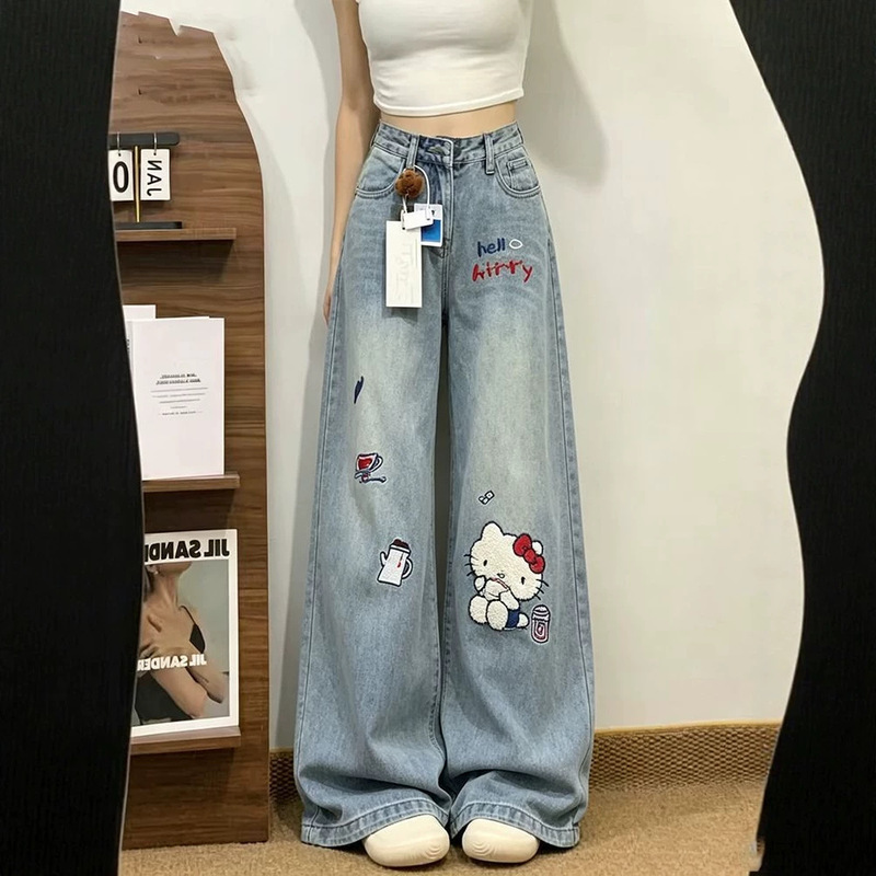 Chao Li Youhuo Sweet Style Cartoon KT Cat Embroidered Jeans for Women 2026 Summer New Niche Design Wide-Leg Pants Chao Li Youhuo Sweet Style Cartoon KT Cat Embroidered Jeans for Women 2026 Summer New Niche Design Wide-Leg Pants