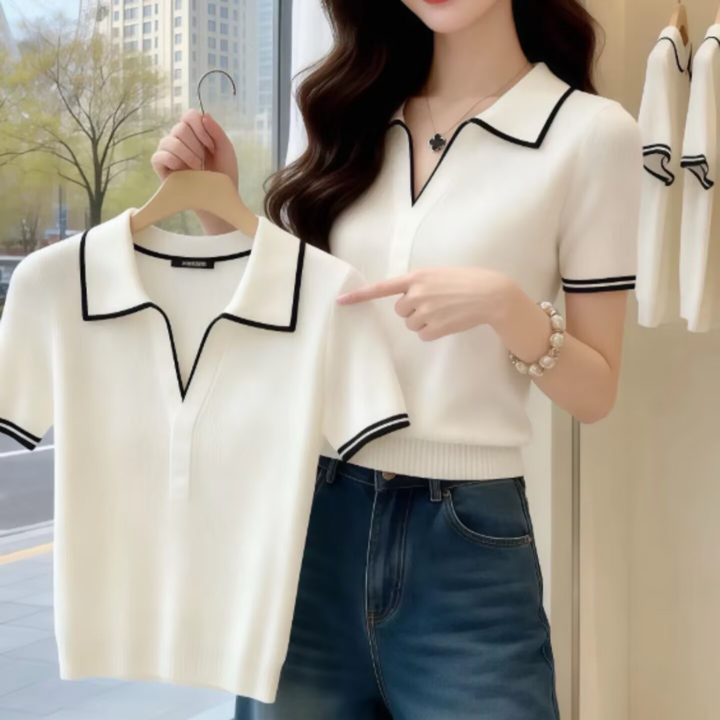 Áo thun ngắn tay polo cổ bẻ phong cách Pháp vai vuông cao cấp — màu trắng chi tiết 3