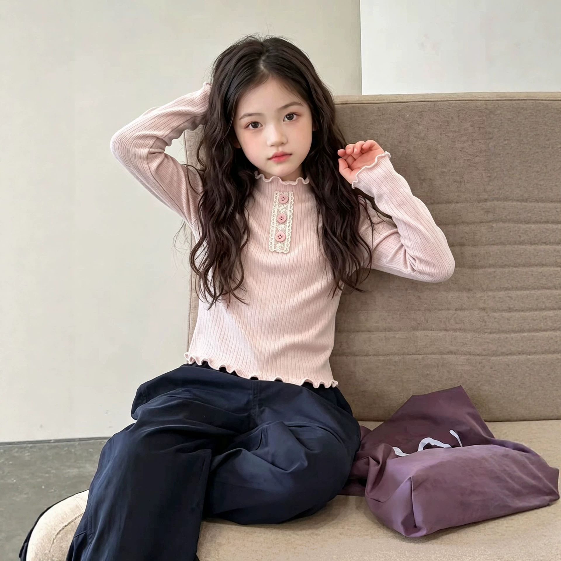 Spring and Autumn Children's Clothing for Girls, Baby Ruffle Trim Base Shirt, New Long Sleeve T-Shirt with Half High Collar, Casual Top