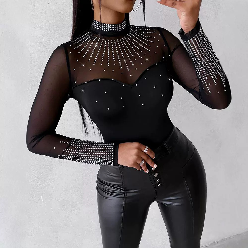 Damenbekleidung Mesh Splicing Hot Diamond Langarm-Overall_voghion.com
