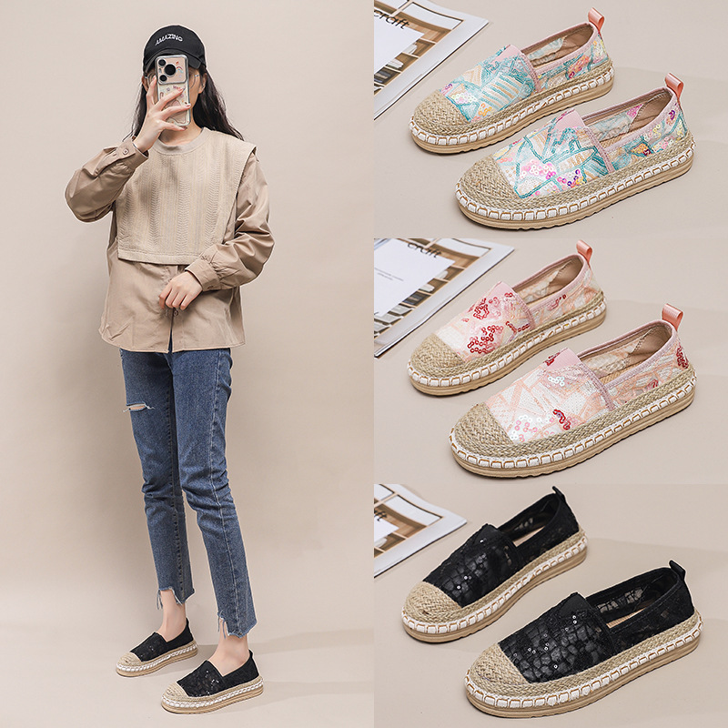 Cross-border Lace Breathable Fashion Fisherman Shoes Women's 2025 Spring New Linen Woven Loafers Casual Flat Shoes