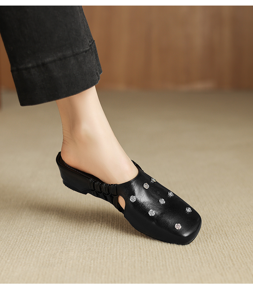 Dép sandal nữ quai chữ V mũi hoa, gót xuồng da dê, đế bệt thoải mái — đen chi tiết 14