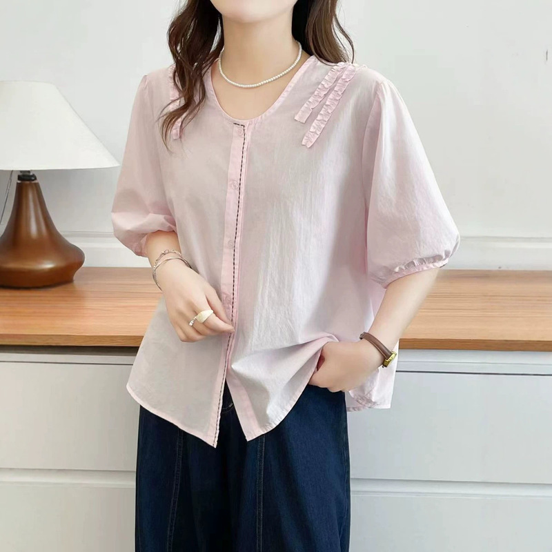 French-Style Lace Patchwork Short-Sleeve Shirt 2026 Artistic Simple Round-Neck Hook-And-Eye Placket Hidden Button Versatile Loose Top French-Style Lace Patchwork Short-Sleeve Shirt 2026 Artistic Simple Round-Neck Hook-And-Eye Placket Hidden Button Versatile Loose Top