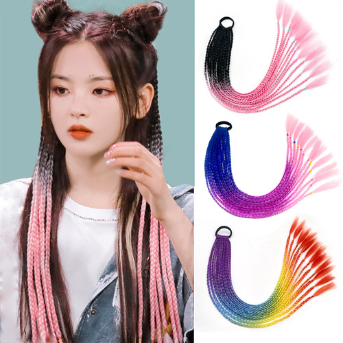 Braids wig female long hair colorful braids hip-hop twist gradient color ethnic style three-strand European and American dirty braids ponytail