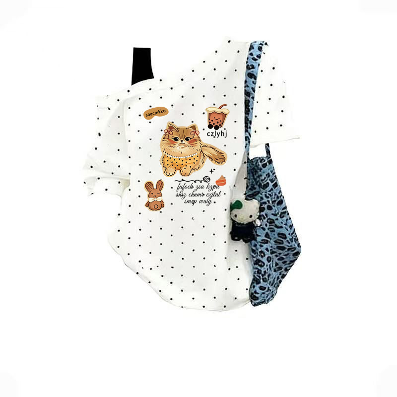 Cartoon Cat Print Black Pure Cotton Short-Sleeved T-Shirt 2026 Summer New Style Loose Shoulder Strap Polka Dot Top