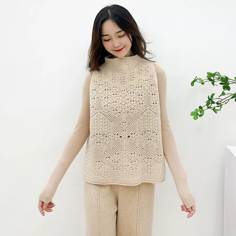 2023新款早秋纯山羊绒背心马甲立领无袖镂空提花羊绒衫女保暖百搭