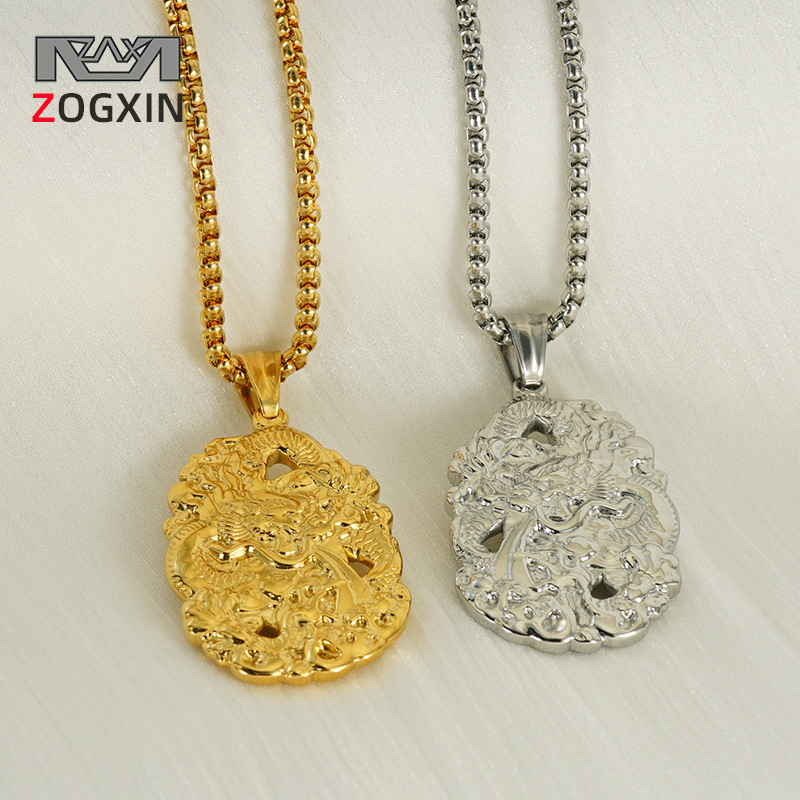 Acero inoxidable chapado en oro antiguo colgante de doble cara dragón año del dragón año de la vida hombre y mujer collar trenzado fábrica al por mayor