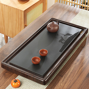 Solid Wood Whole Black Gold Stone Tea Tray Bamboo Wood Tea Table Simple Home Living Room Japanese Style Bamboo with Drainage Ebony Tray