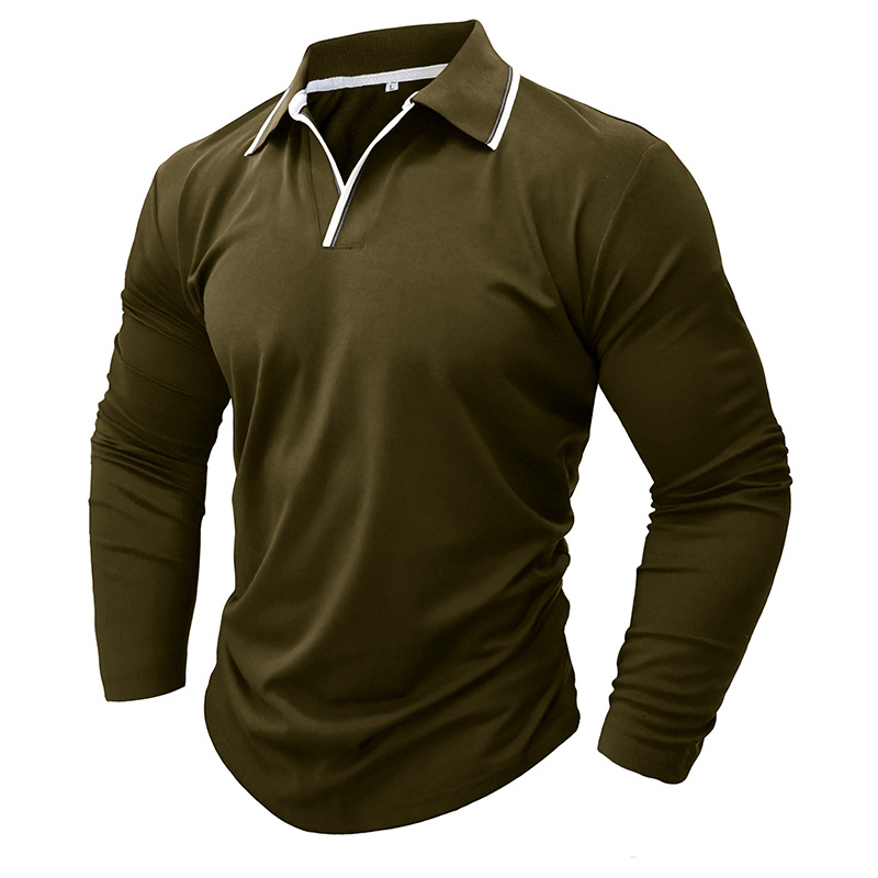 Nueva camisa de polo de color sólido con cuello en V de comercio exterior Camisa de manga larga para hombre Camiseta de solapa de tamaño europeo y americano transfronterizo 2023 Otoño e Invierno