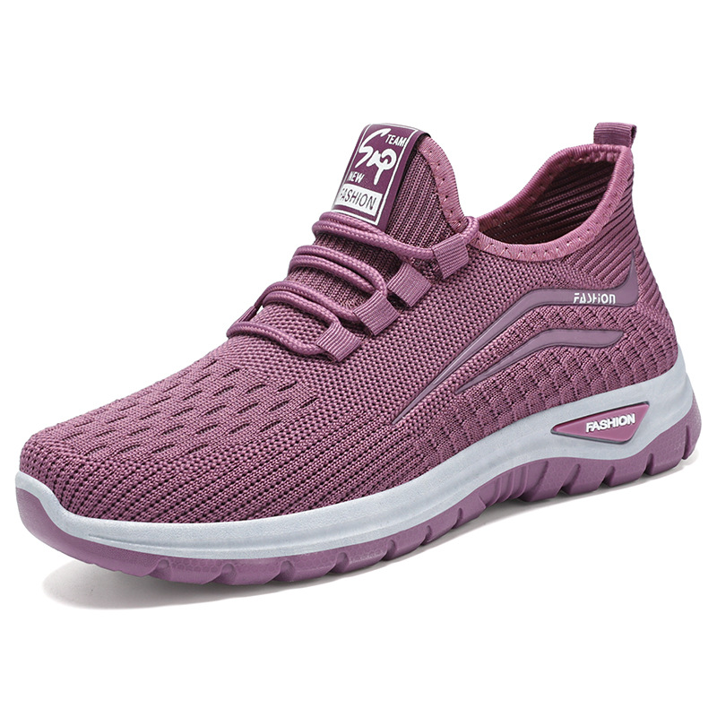 Zapatos zapatos casuales transpirables de verano para mujer, venta al por mayor transfronteriza, zapatos de mujer con cordones tejidos voladores, suela suave, zapatos para correr sin cansarse