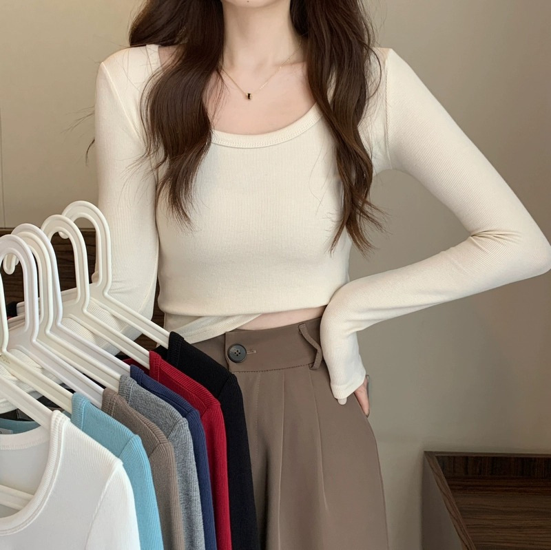 White Elastic Long-sleeved T-shirt Women's Early Autumn New Student Top Niche Design U-neck Slim-fit Base Shirt