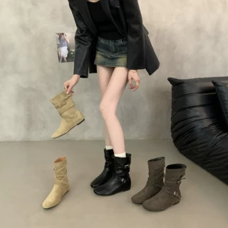 4cm内增高~复古褶皱堆堆靴女2026秋季皮带扣牛仔靴显瘦短筒马丁靴