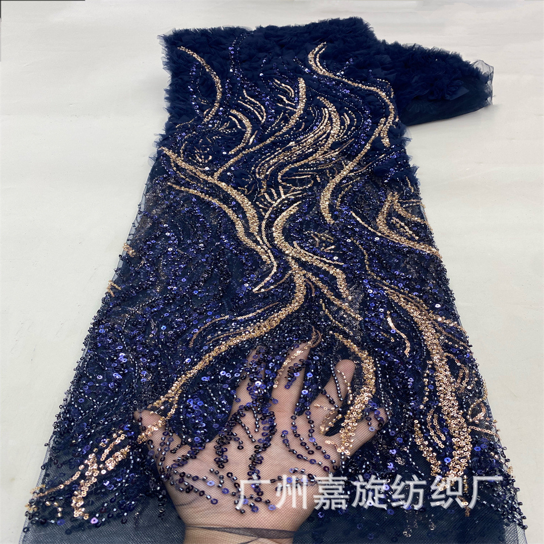 Spot Europa y Estados Unidos cuentas bicolores de diseño de posicionamiento completo más malla tridimensional encaje floral vestido de boda rendimiento vestido de tela