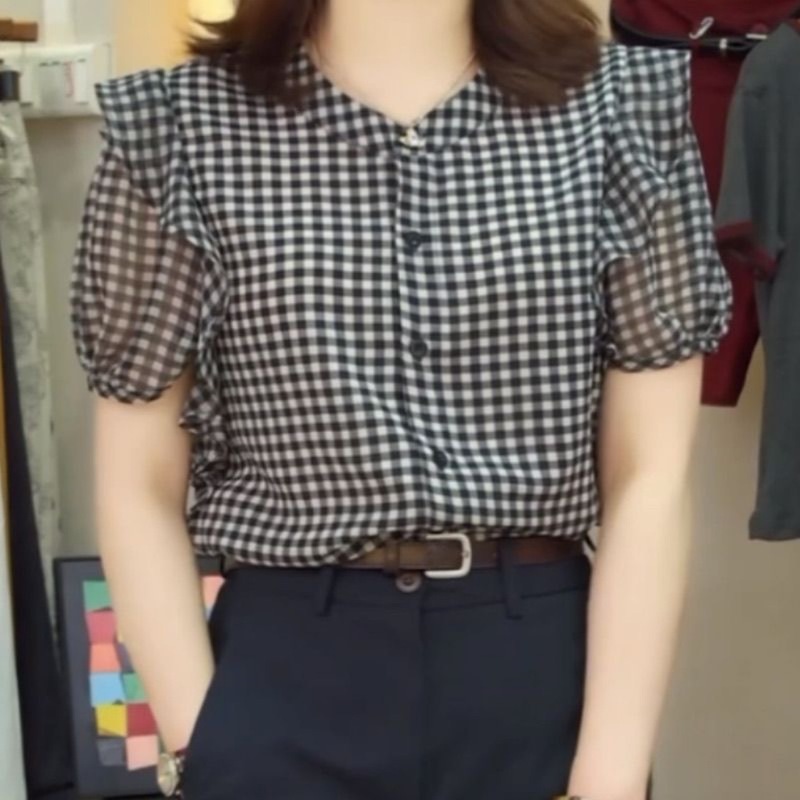 デザインニッチチェック柄半袖シャツ女性用 2025 夏甘くてスタイリッシュなスリムでファッショナブルな多用途カーディガントップ|undefined