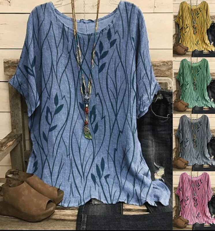2023 Amazon Wish European and American Summer Women's New Printed Leaf Pattern Five-Quarter Sleeve Elegant T-Shirt