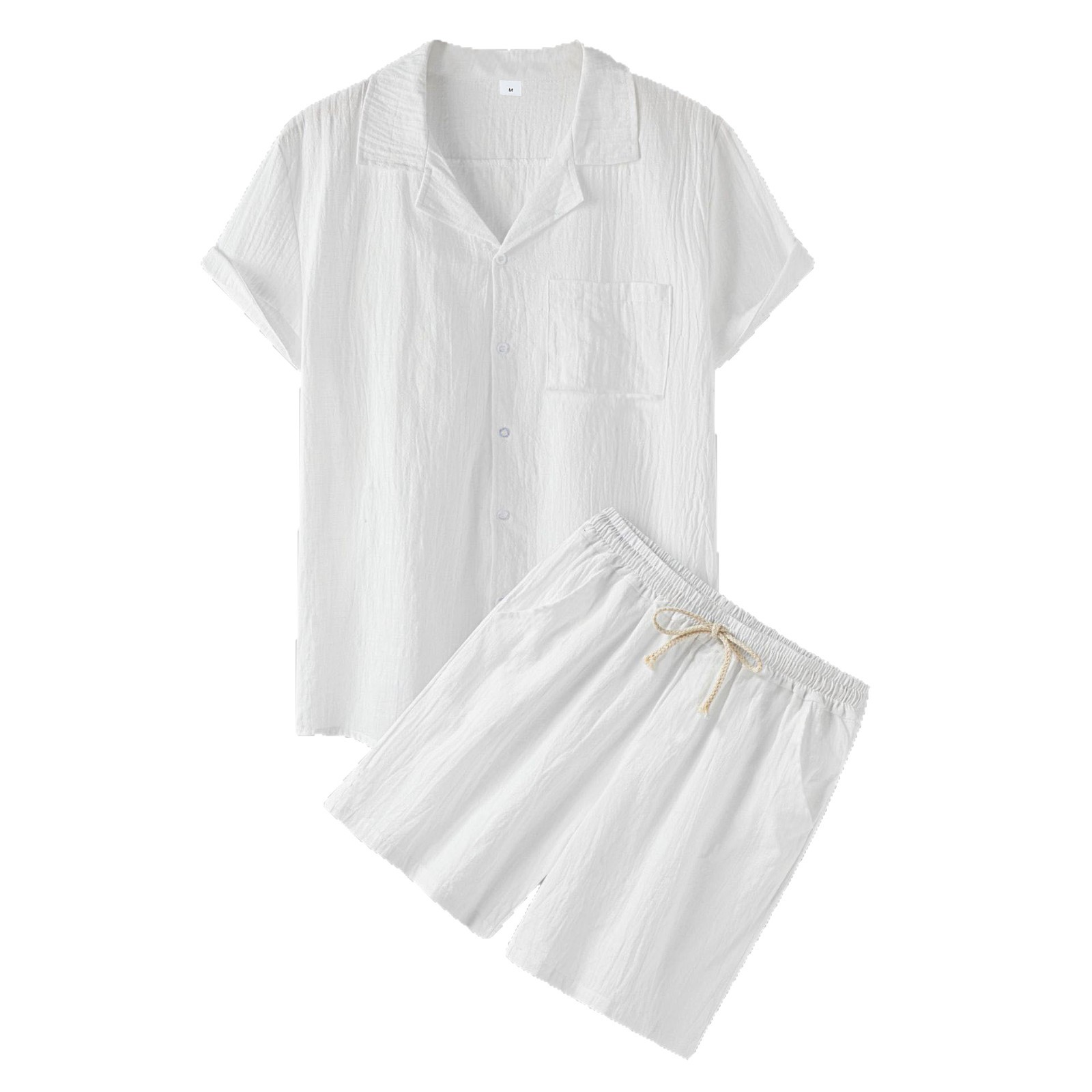 2023 verano transfronterizo algodón y lino de los hombres de color sólido solapa de moda camisa de manga corta pantalones cortos traje de dos piezas preventa