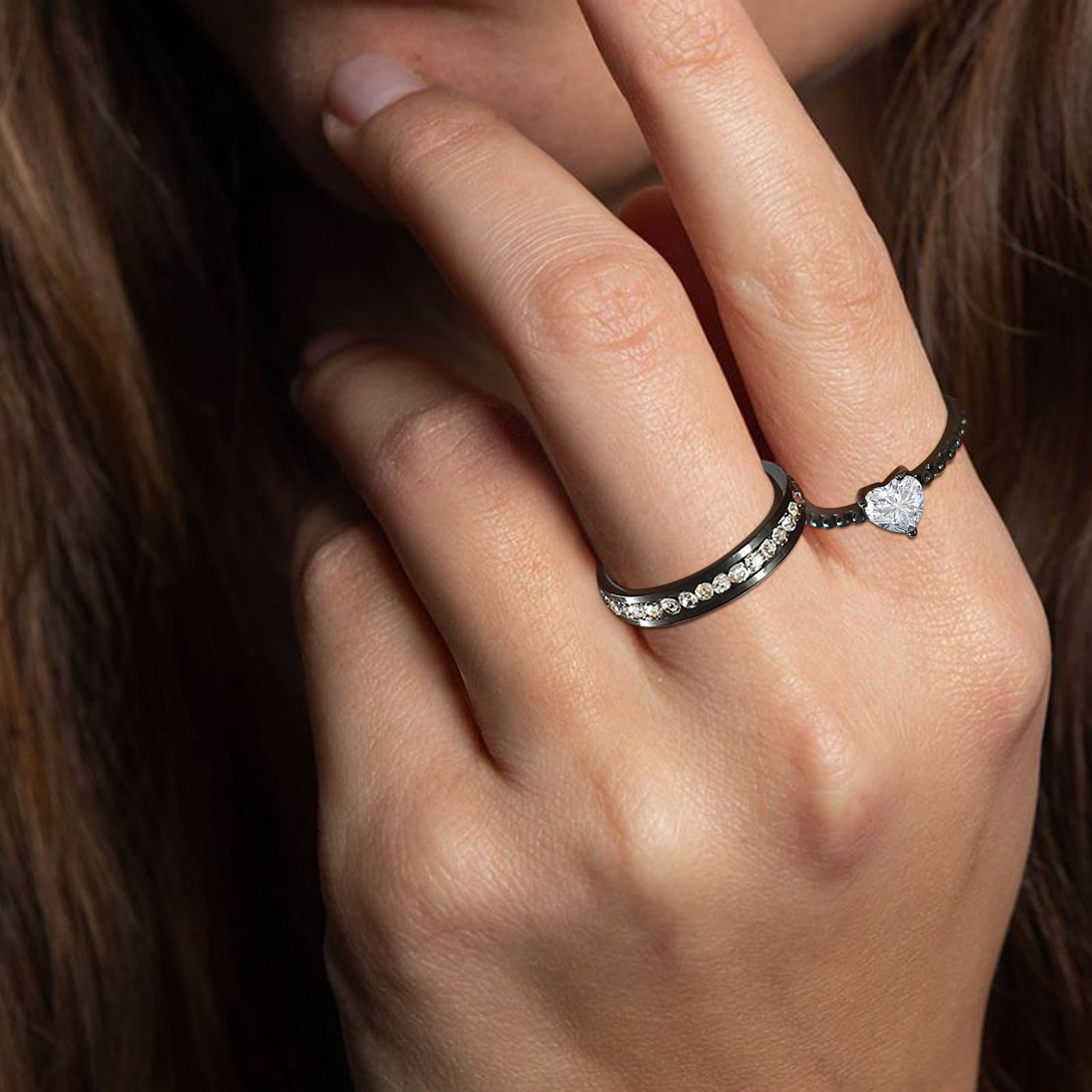 Retro Geometric Heart Shape Stainless Steel Inlaid Zircon Rings