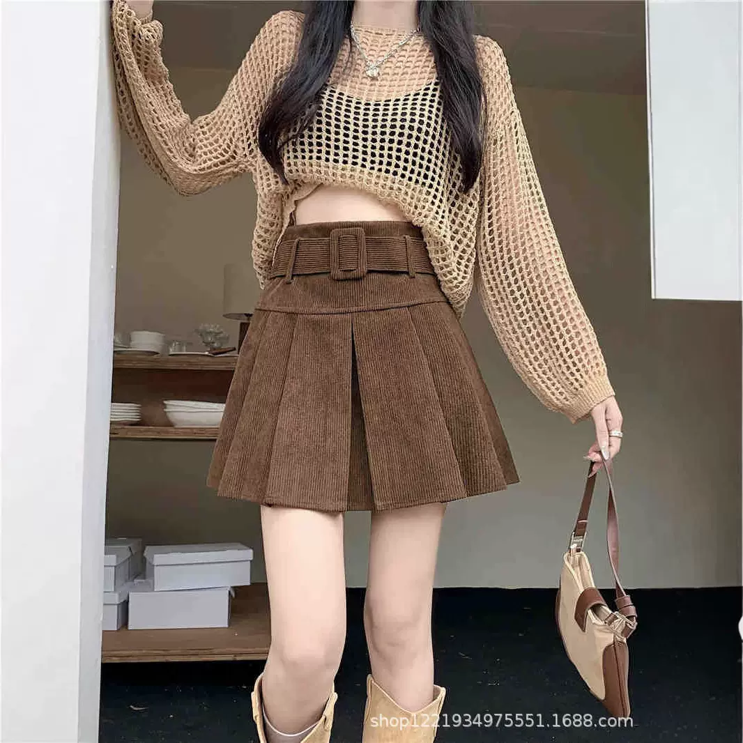 灯芯绒百褶裙a字短裙秋冬女防走光高腰半身裙显瘦黑色遮胯设计感