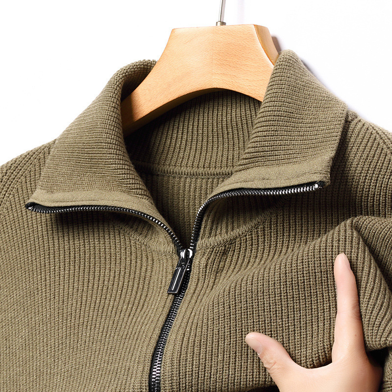 100% Wool Zipper Jacket Men's Lapel Thickened Knitted Cardigan New Autumn and Winter Fashion Casual Men's Sweater