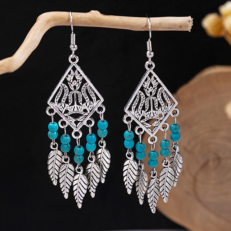 1 Pair Retro Geometric Beaded Plating Chain Alloy Drop Earrings display picture 13
