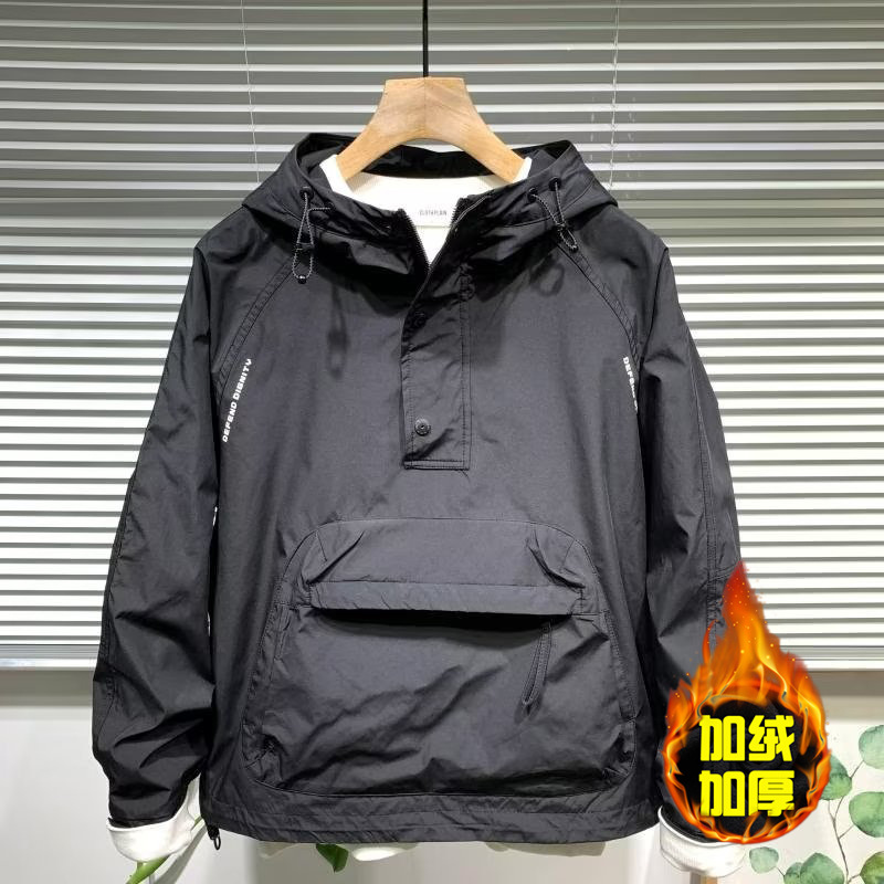 봄 충전 남자의 큰 후드 재킷 지퍼 풀오버 포켓 탑 기모 방수 느슨한 재킷 유행