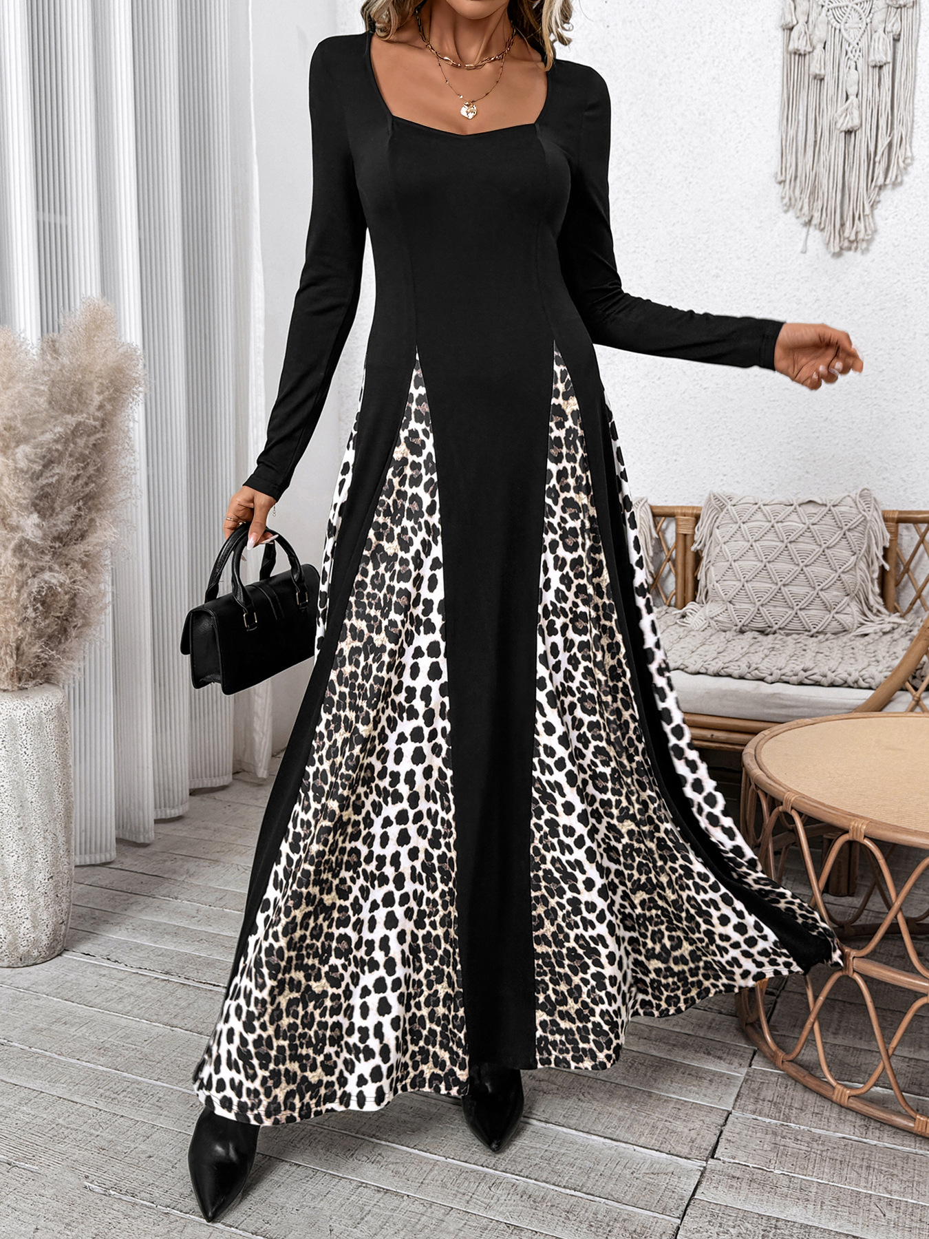 Leopard Splicing Dress Retro High Waist Long Sleeves Wide Leg A line Dress 6 Leopard Splicing Dress Retro High Waist Long Sleeves Wide Leg A line Dress